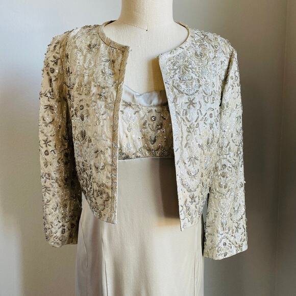 Niteline Formal Champagne Silk Beaded Long Dress with Jacket - Picture 6 of 16
